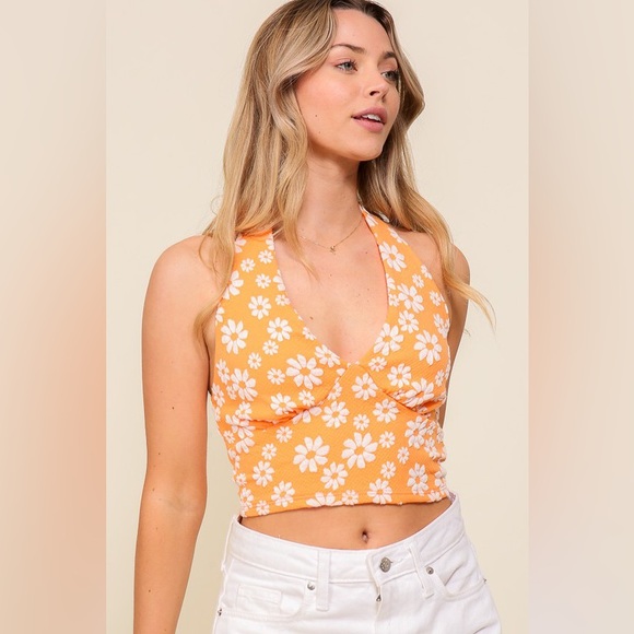 Daisy Print Open Back Halter Cropped Tank - Orange - Picture 3 of 16